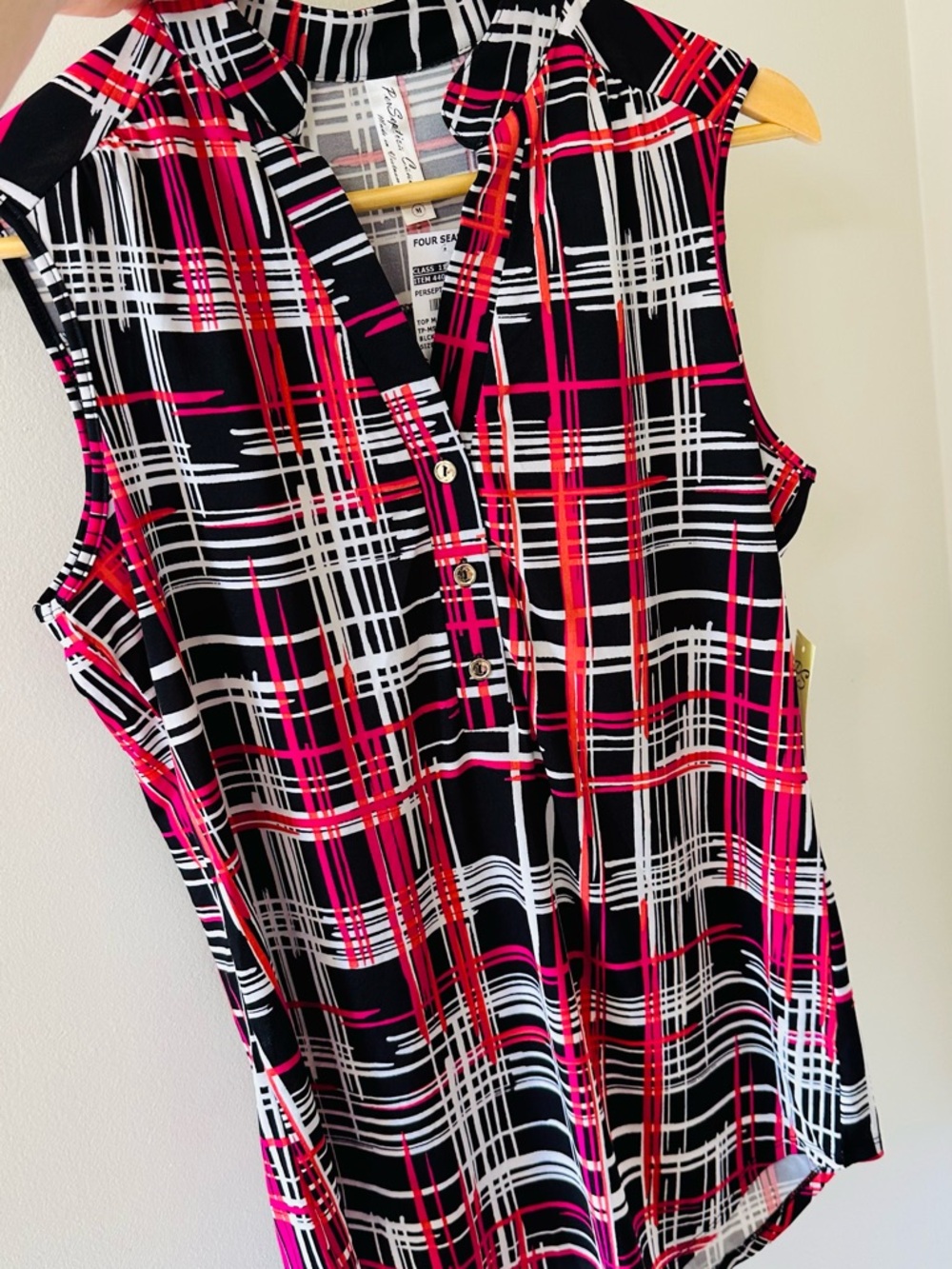 PerSeption Concept Black Plaid Sleeveless Shell with Pink & Red Trim